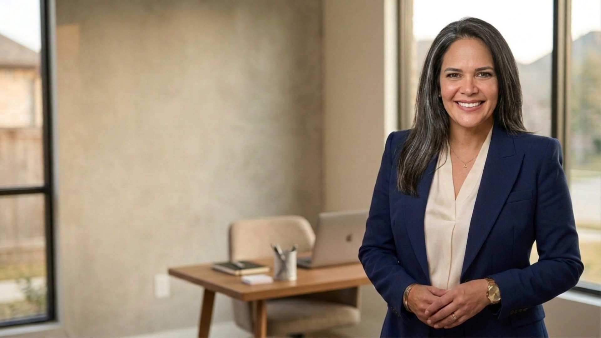 Alimar Tovar, insurance agent, standing in her Katy, Texas office